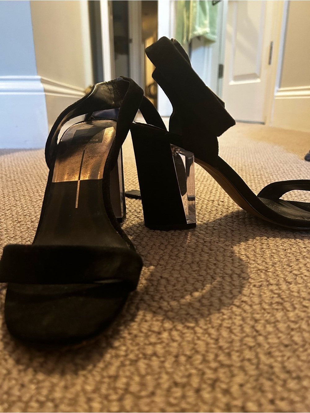 Dolce Vita Black Block Heel Sandals with Clear Accent